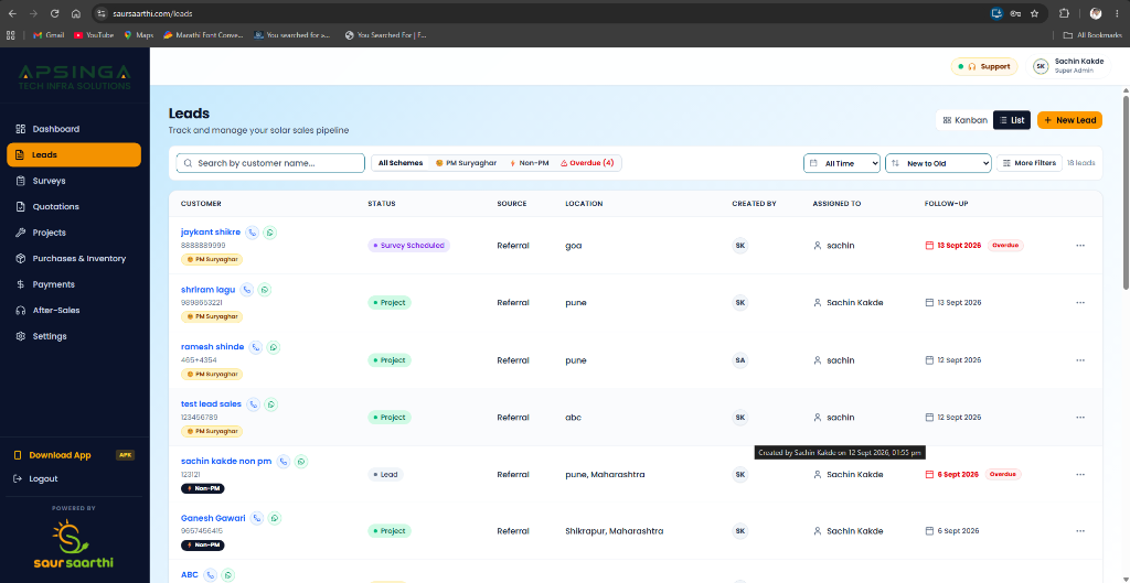 SaurSaarthi Leads Management Screen